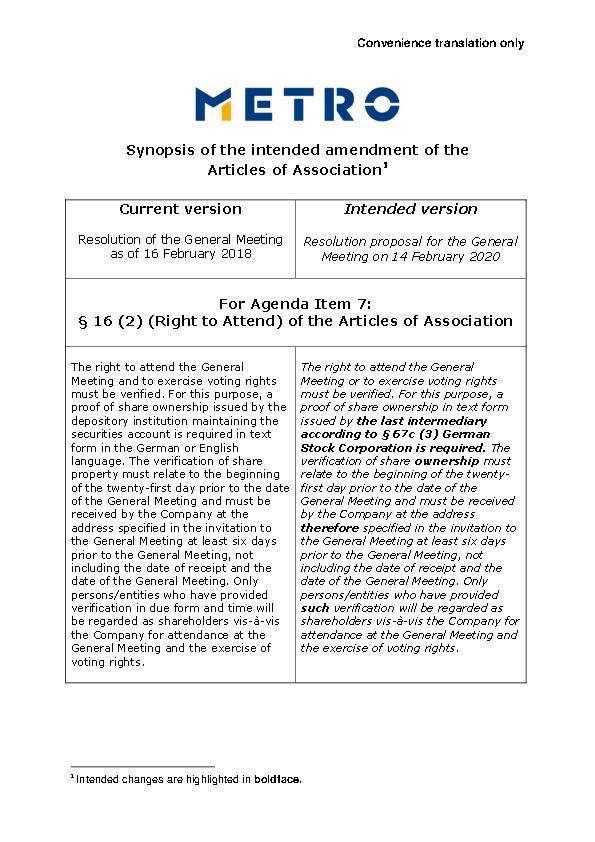 Proposed amendment of the Articles of Association