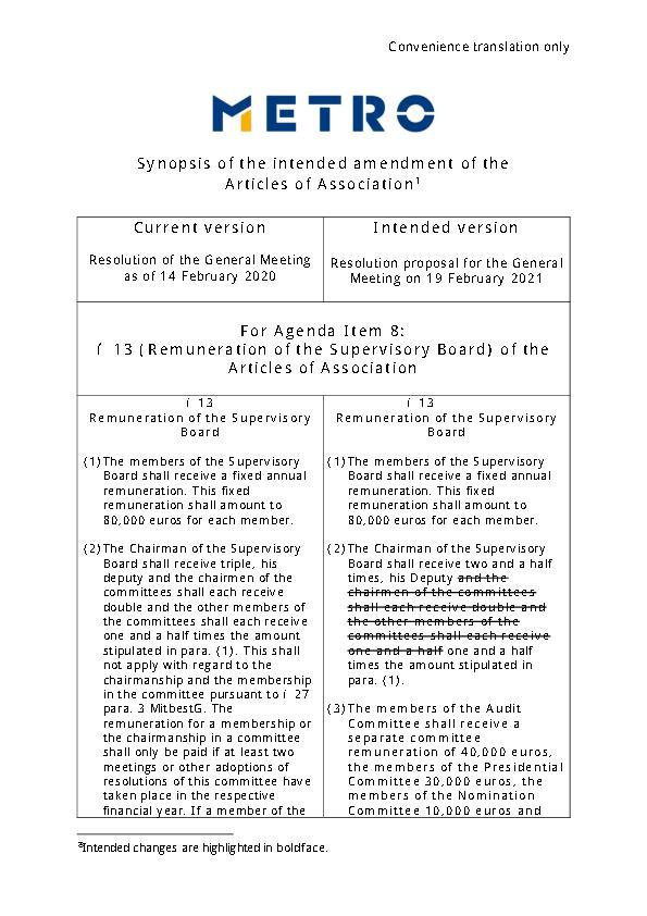 Proposed amendment of the Articles of Association