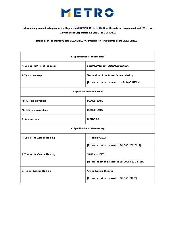 Information pursuant to Implementing Regulation (EU) 2018/1212 (EU-DVO) for the notification pursuant to § 125 of the German Stock Corporation Act (AktG) of METRO AG
