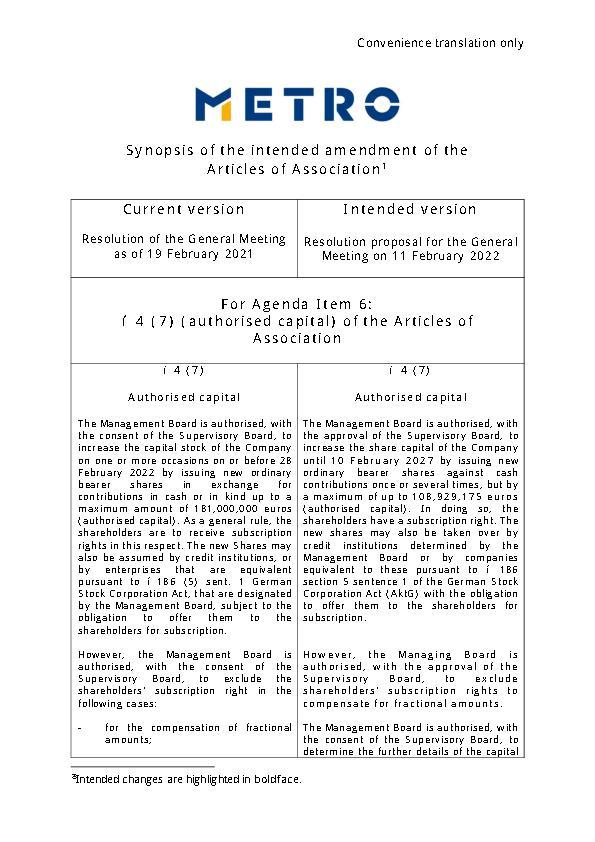 Proposed amendment of the Articles of Association