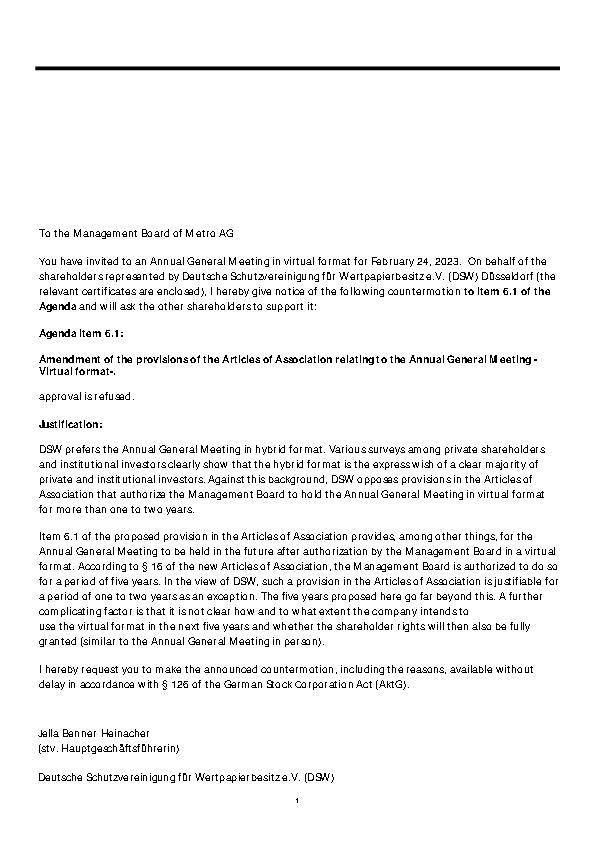 Countermotion to the agenda item 6.1 by Deutsche Schutzvereinigung für Wertpapierbesitz e.V. (DSW)