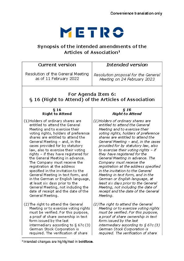 Proposed changes of the Articles of Association