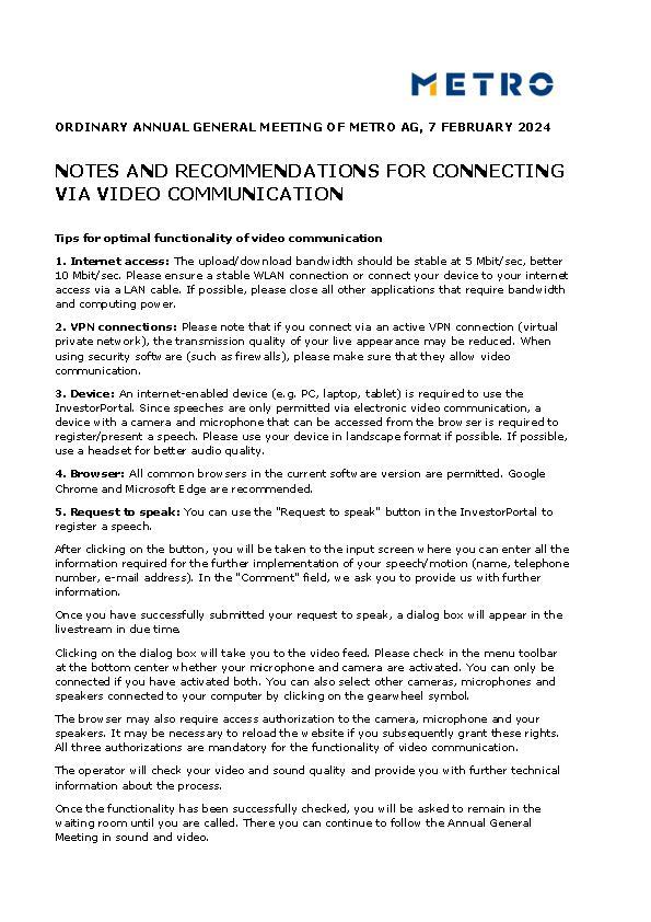 Notes and recommendations for connecting via video communication