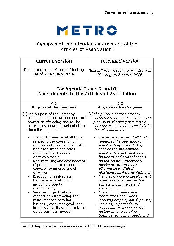 Proposed changes of the Articles of Association